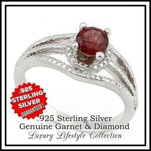 Elite New .925 Sterling Silver 0.49ctw Genuine Red Garnet & Genuine Diamond Ring